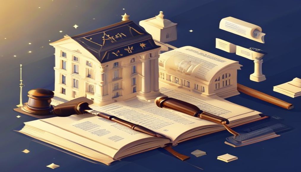 Hukuk kitabı, çekiç ve bina planı gösteren detaylı illüstrasyon