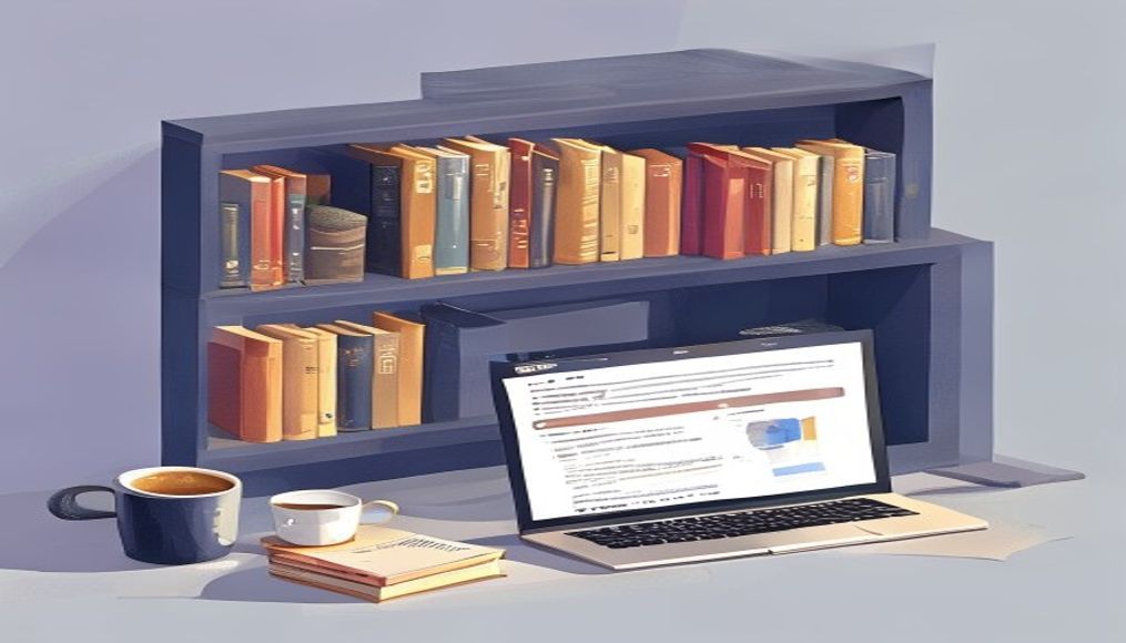 Kitaplık, laptop ve blog makalesi