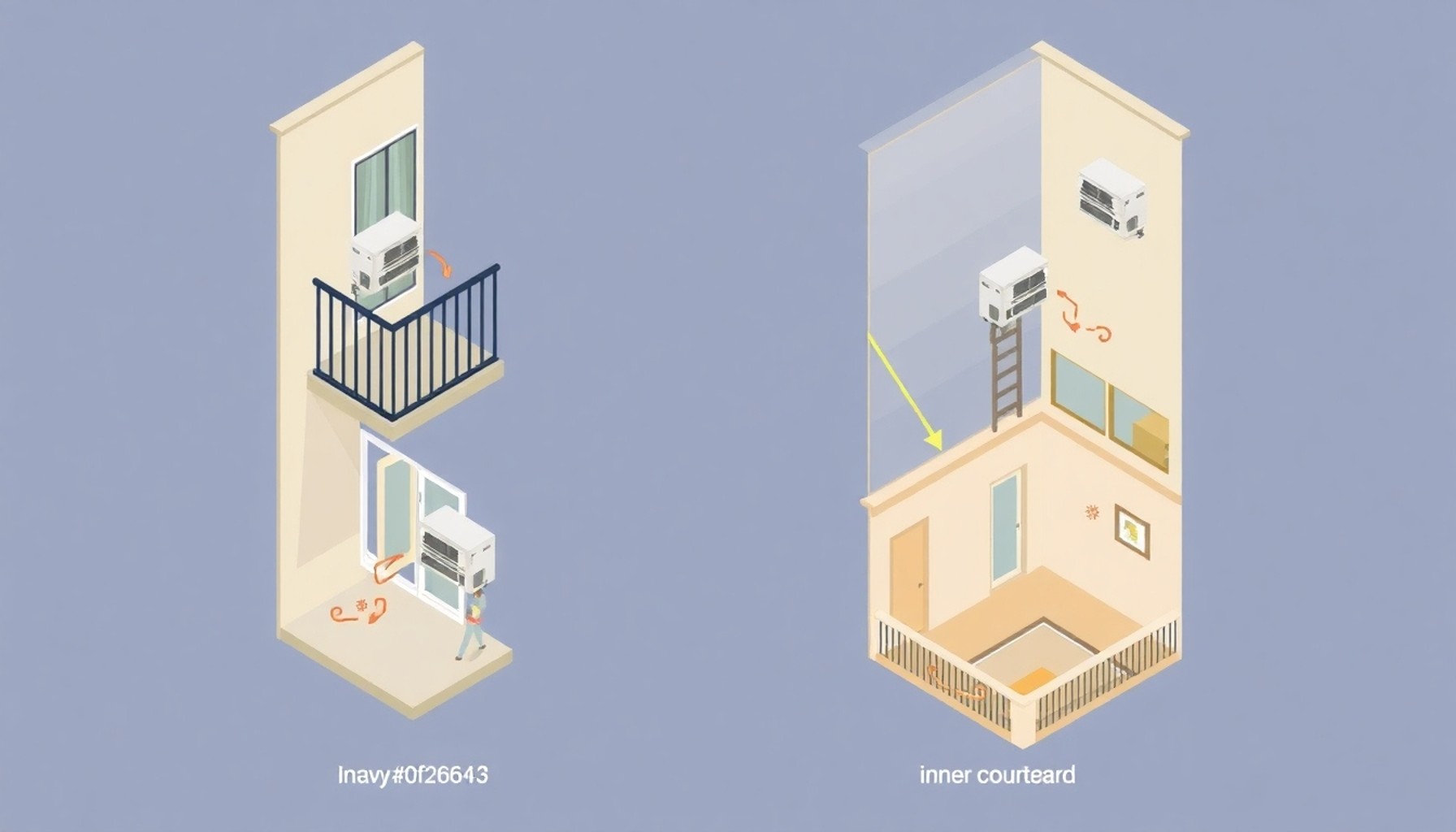 Apartmanda klima dış ünitesi için balkon, dış cephe ve aydınlık boşluğu konumlarının karşılaştırmalı gösterimi