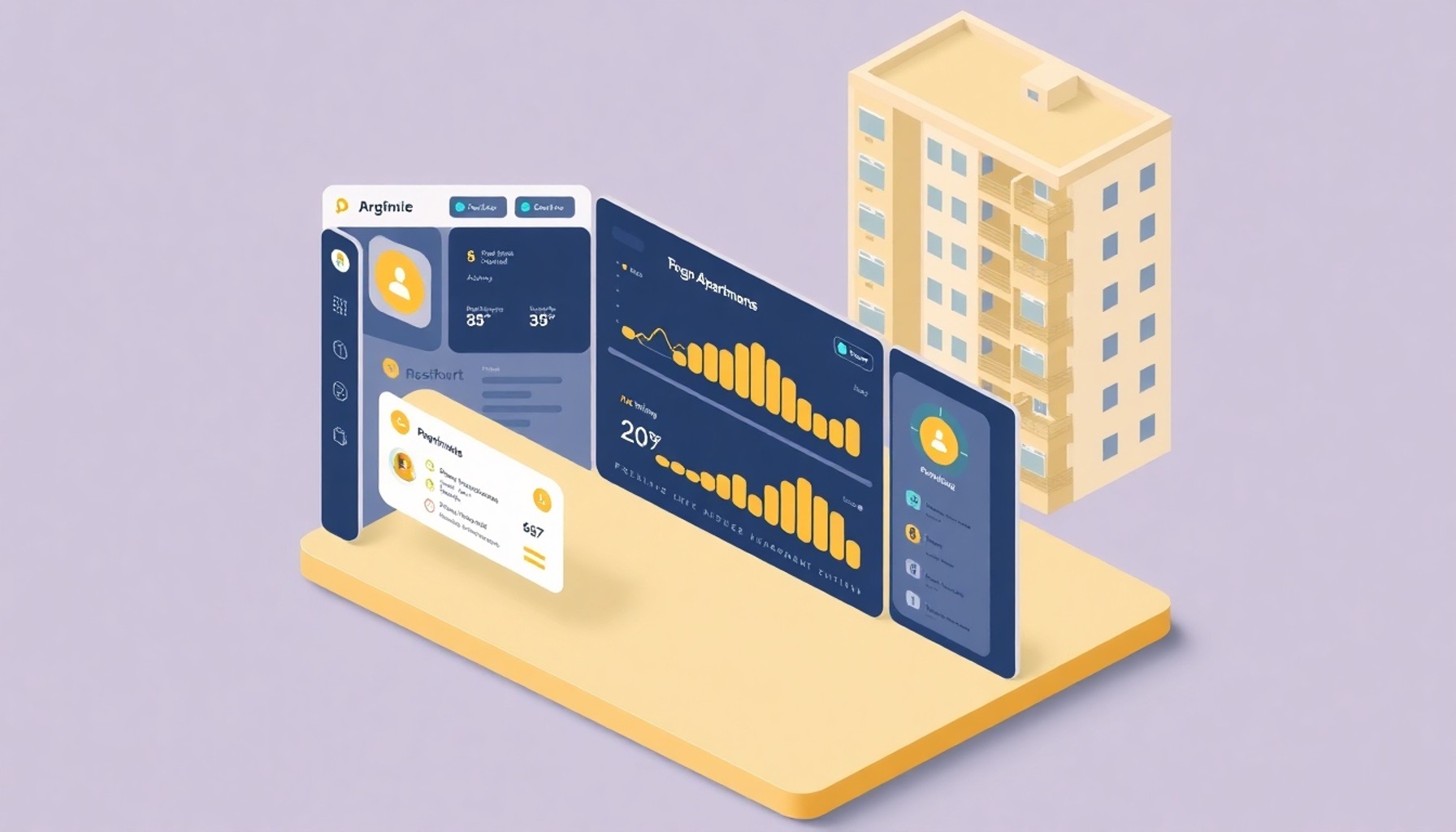 Apartman yönetim yazılımı dijital panel ve bildirim ekranı illüstrasyonu