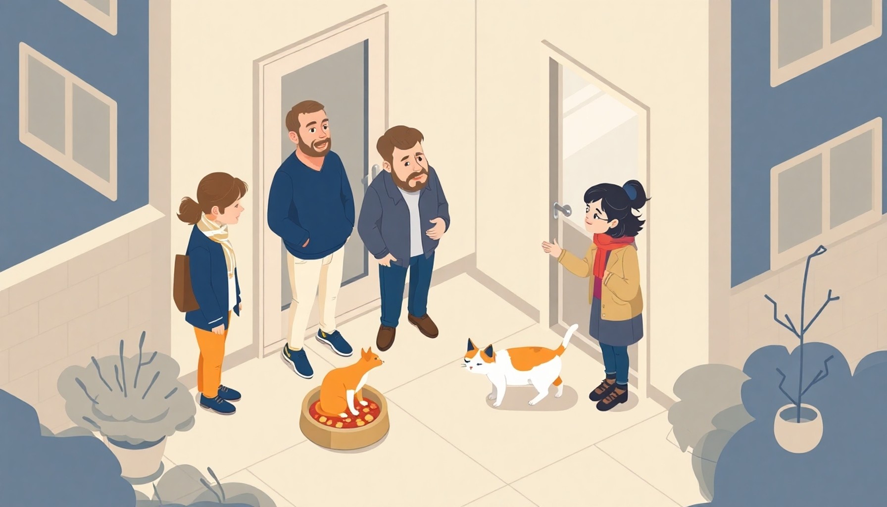 Apartman girişinde kedi mama kabı önünde tartışan komşular — sokak hayvanı anlaşmazlığı