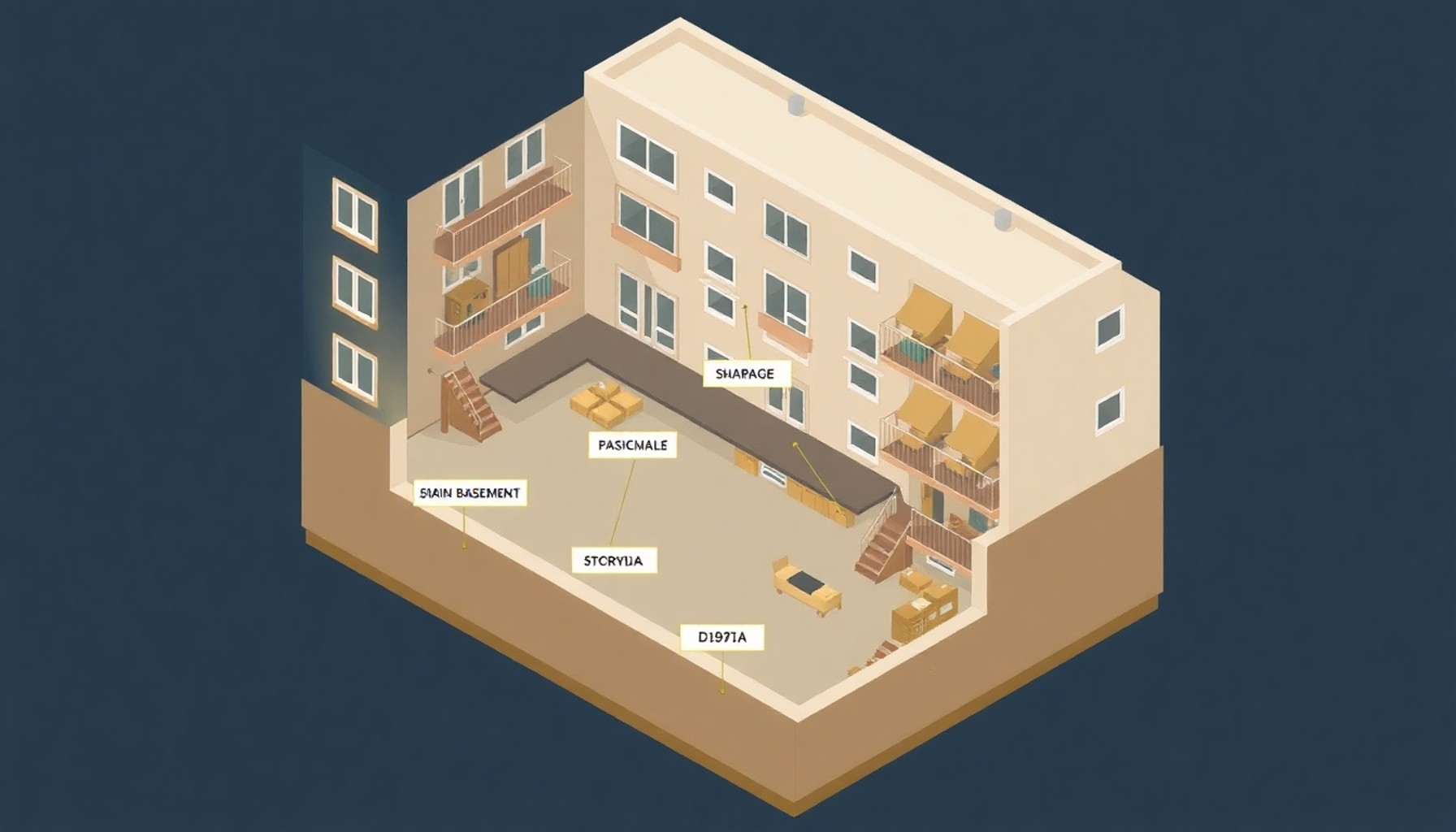 Apartman ortak alan deposu kesit görünümü, kat mülkiyeti ortak bölge gösterimi