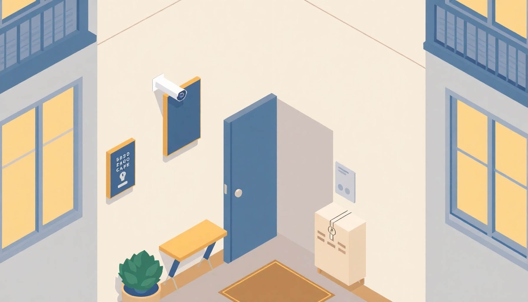 Apartman girişinde güvenlik kamerası, tuş takımı ve kargo rafı