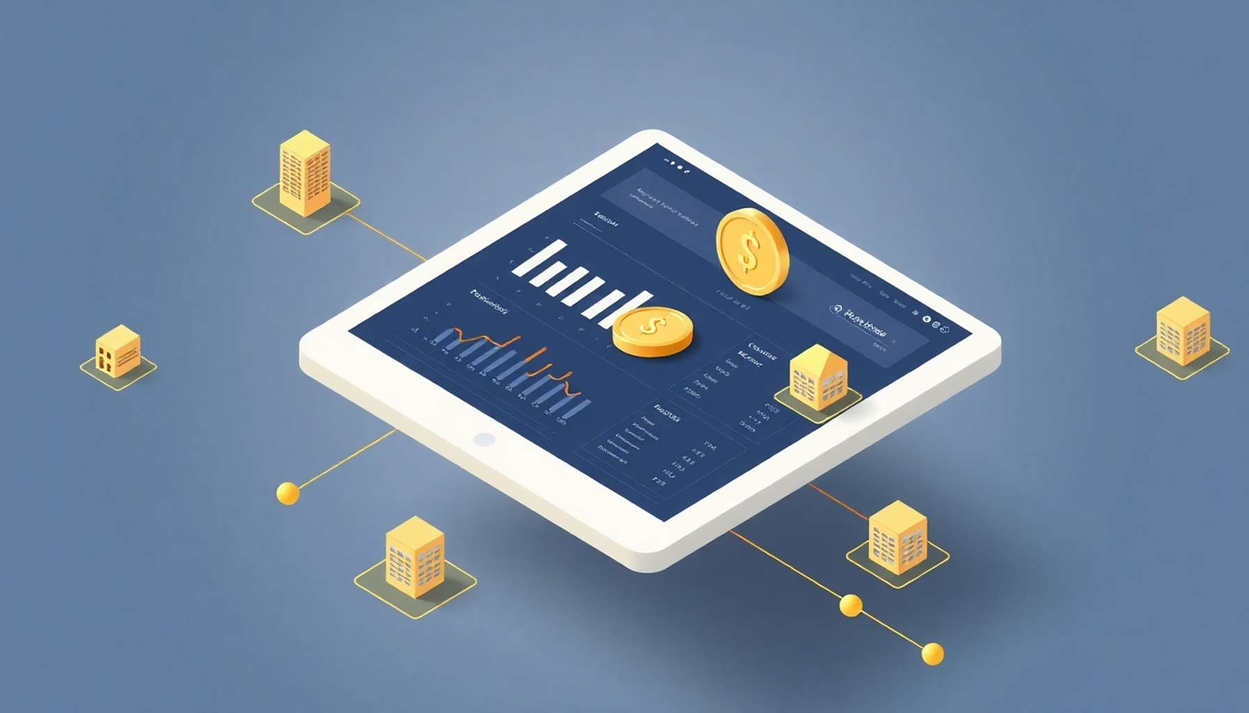 Dijital apartman yönetim platformunu gösteren tablet ve bağlantı ağı illüstrasyonu
