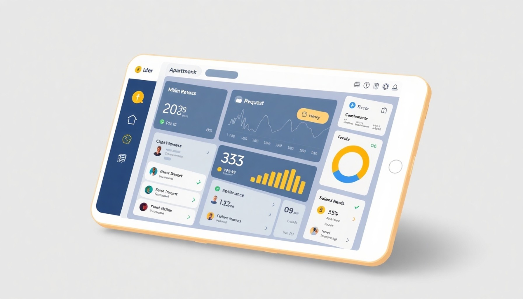 Tablet ekranında apartman bakım talep panosu illüstrasyonu