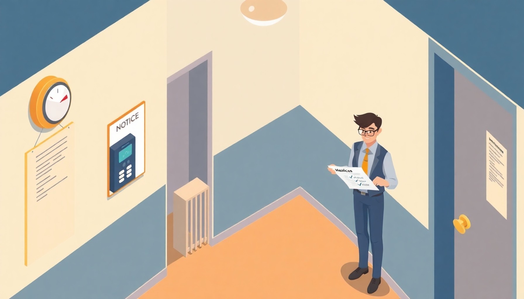 Apartman yöneticisinin koridor içinde kış hazırlığı kontrol listesini incelediği sahne.