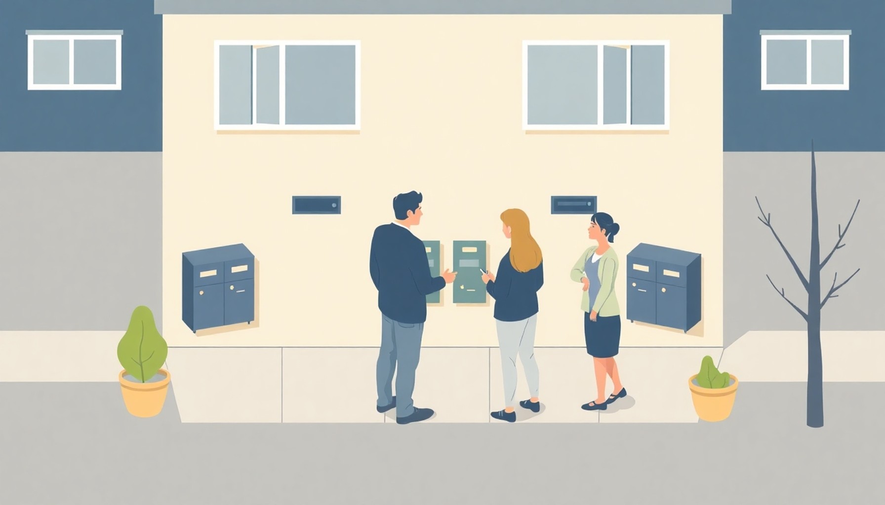 İki komşu apartman posta kutularının yanında sakin bir şekilde konuşuyor