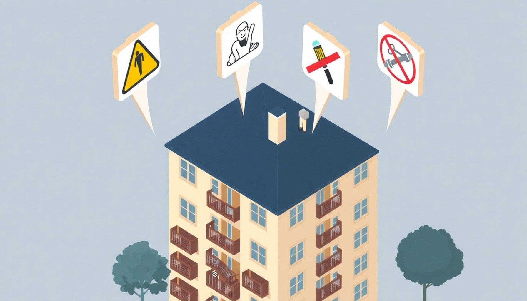 Apartman sakinlerinin dayanışma sürecinde yaptığı yaygın hataları temsil eden uyarı sembolleri görseli