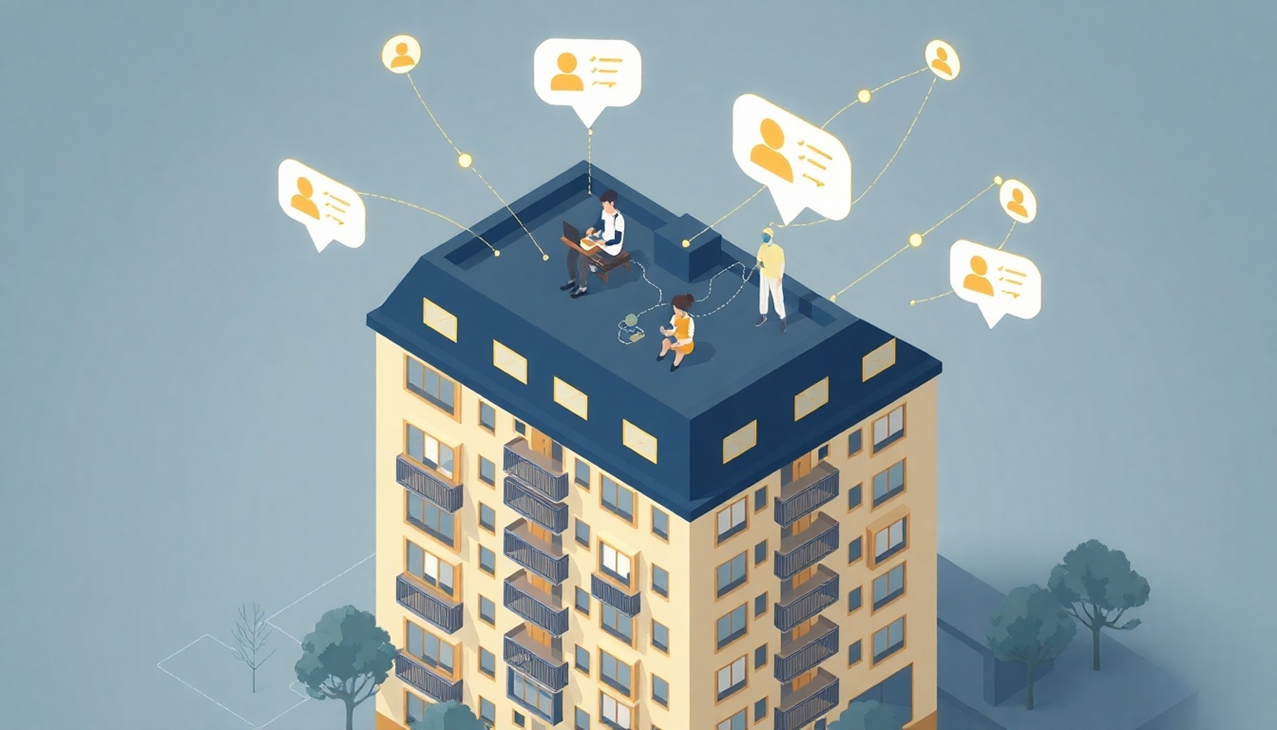 Apartman sakinleri dijital iletişim ağı illüstrasyonu