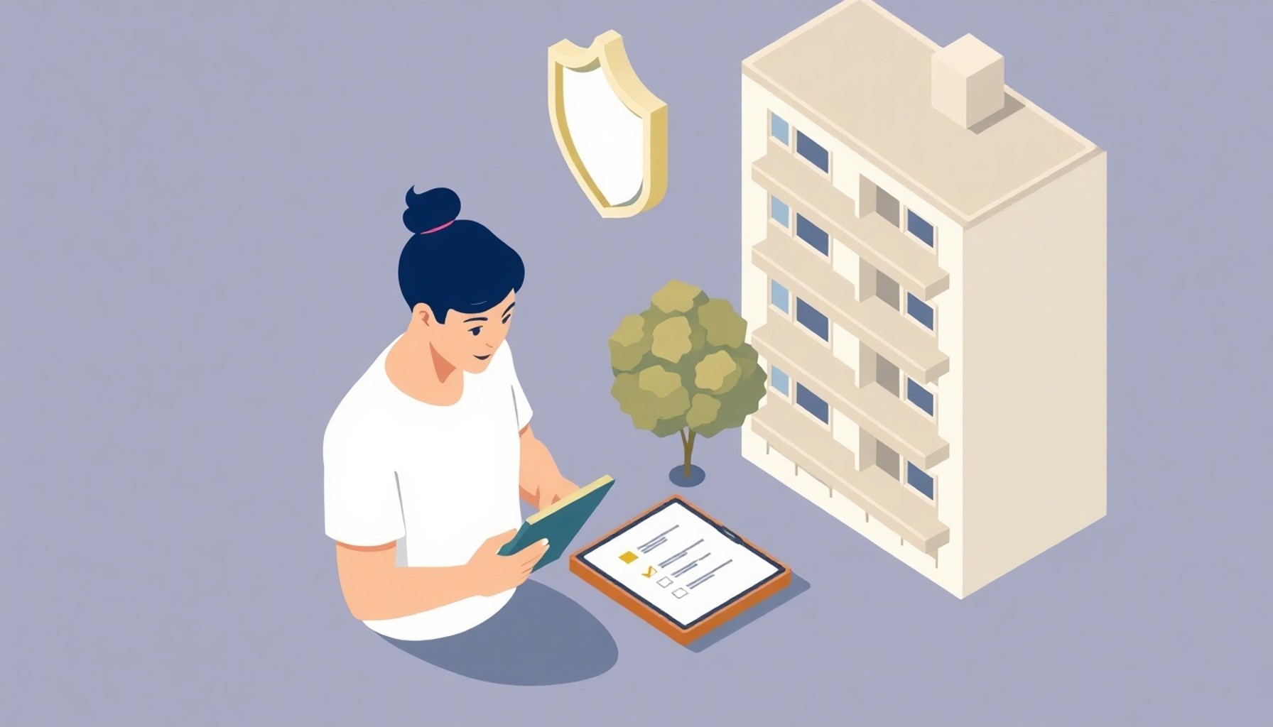 Apartman sakininin dijital kontrol listesiyle haklarını takip ettiğini simgeleyen izometrik illüstrasyon