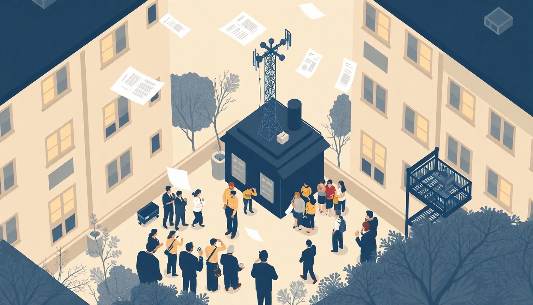 Apartman sakinlerinin baz istasyonu kurulumu hakkında endişeyle toplandığı izometrik illüstrasyon
