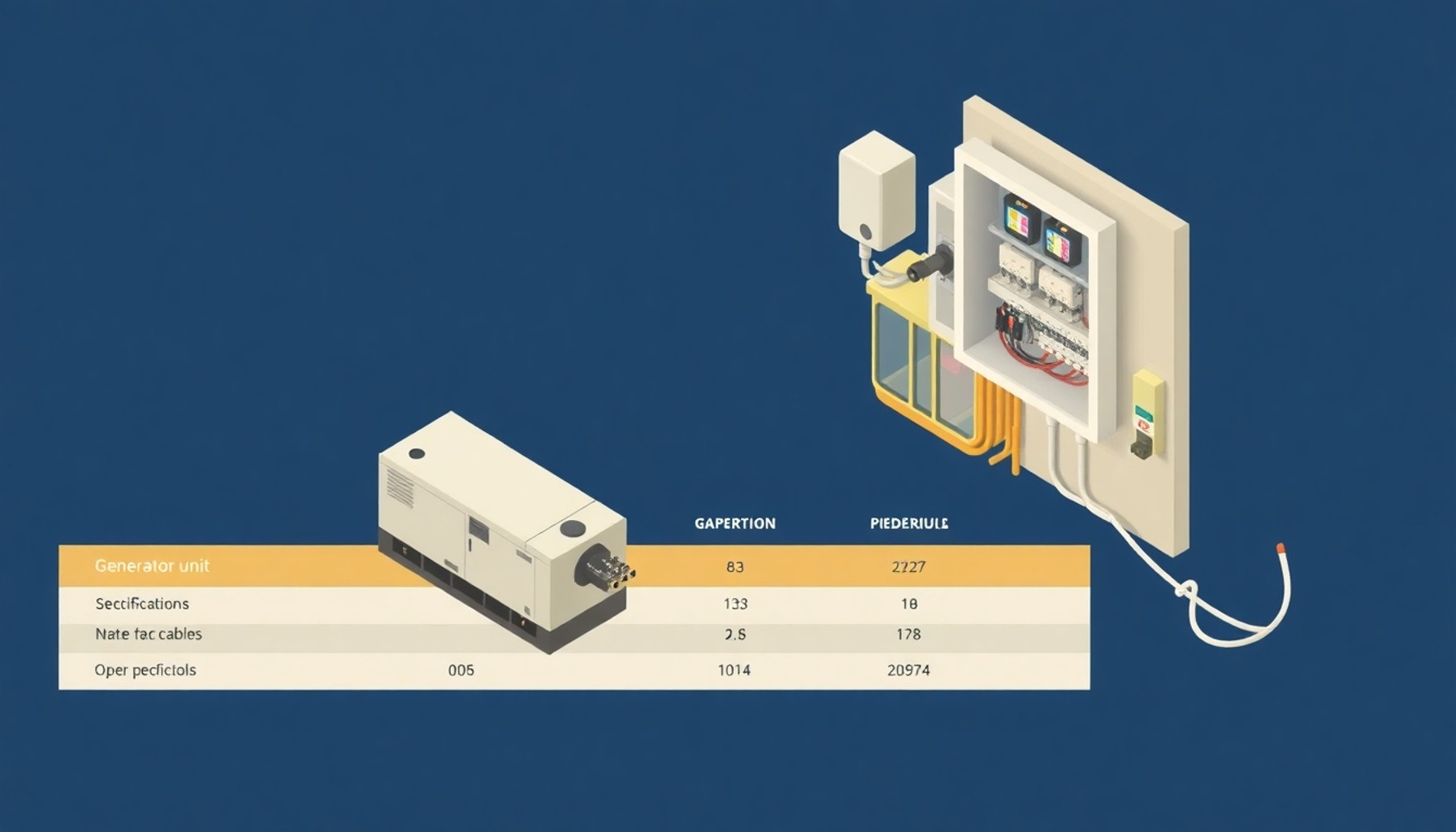 Jeneratör teknik özellik karşılaştırması ve apartman elektrik paneli illüstrasyon