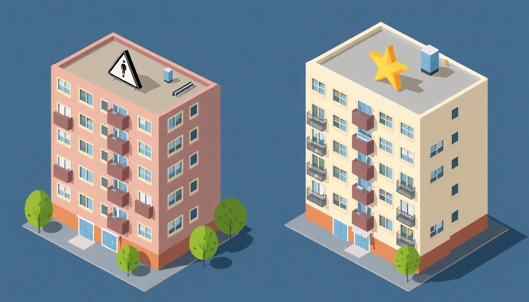 İyi çalışan ve sorunlu yönetim karşılaştırmasını gösteren apartman illüstrasyonu