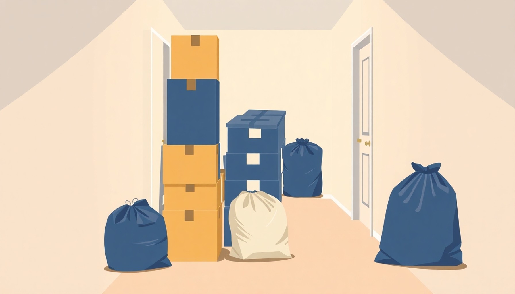 Apartman koridorunda taşınma kutuları ve çöp poşetleri yan yana dizili