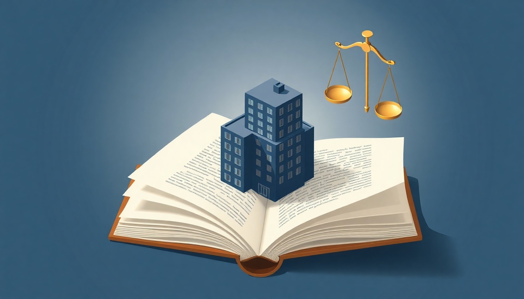Açık kanun kitabı sayfalarından apartman binası silüeti yükseliyor, yanında adalet terazisi