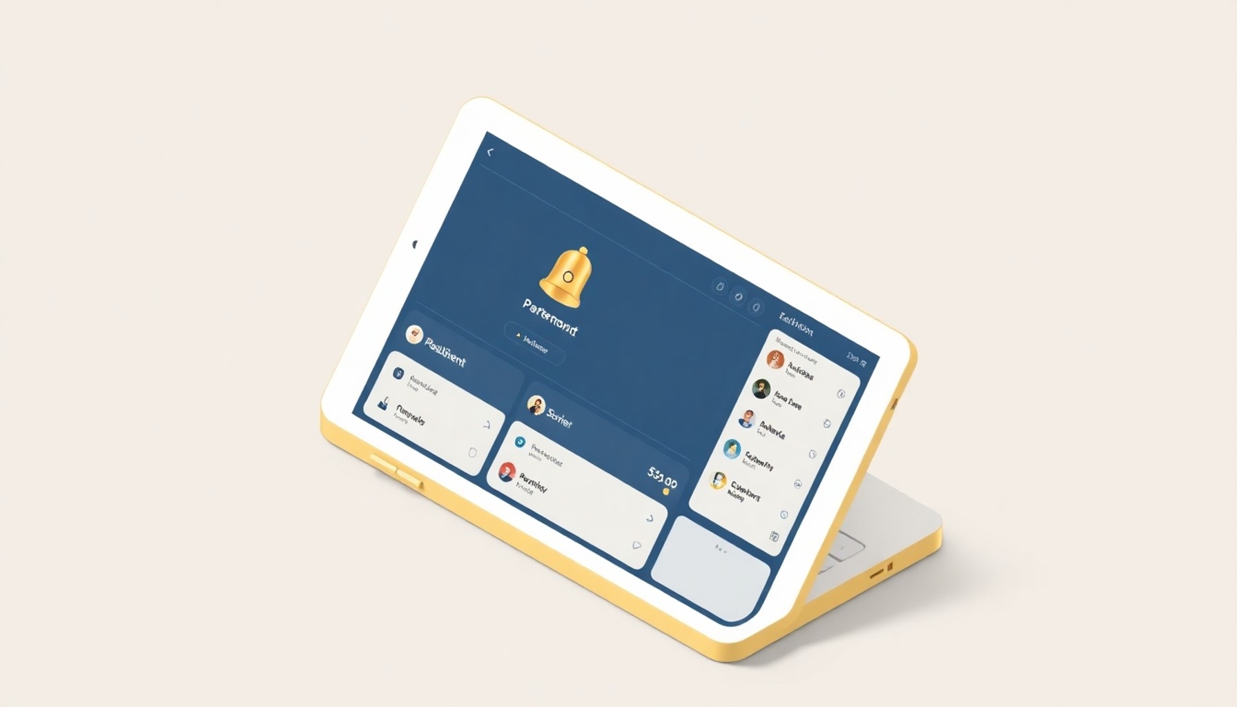 Dijital tablette apartman yönetim paneli, bildirim zili ve sakin talep listesi görünüyor