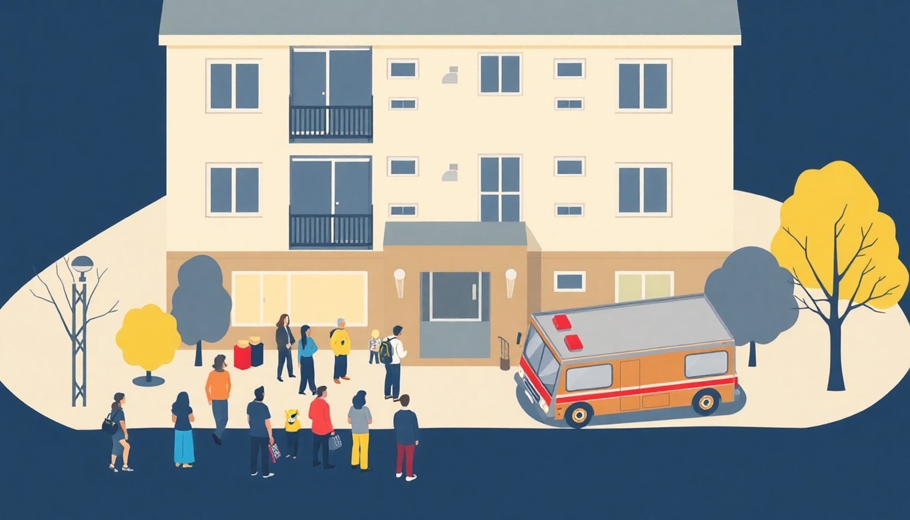 Apartman dışında güvenli mesafede toplanan sakinler ve yaklaşan acil servis aracı