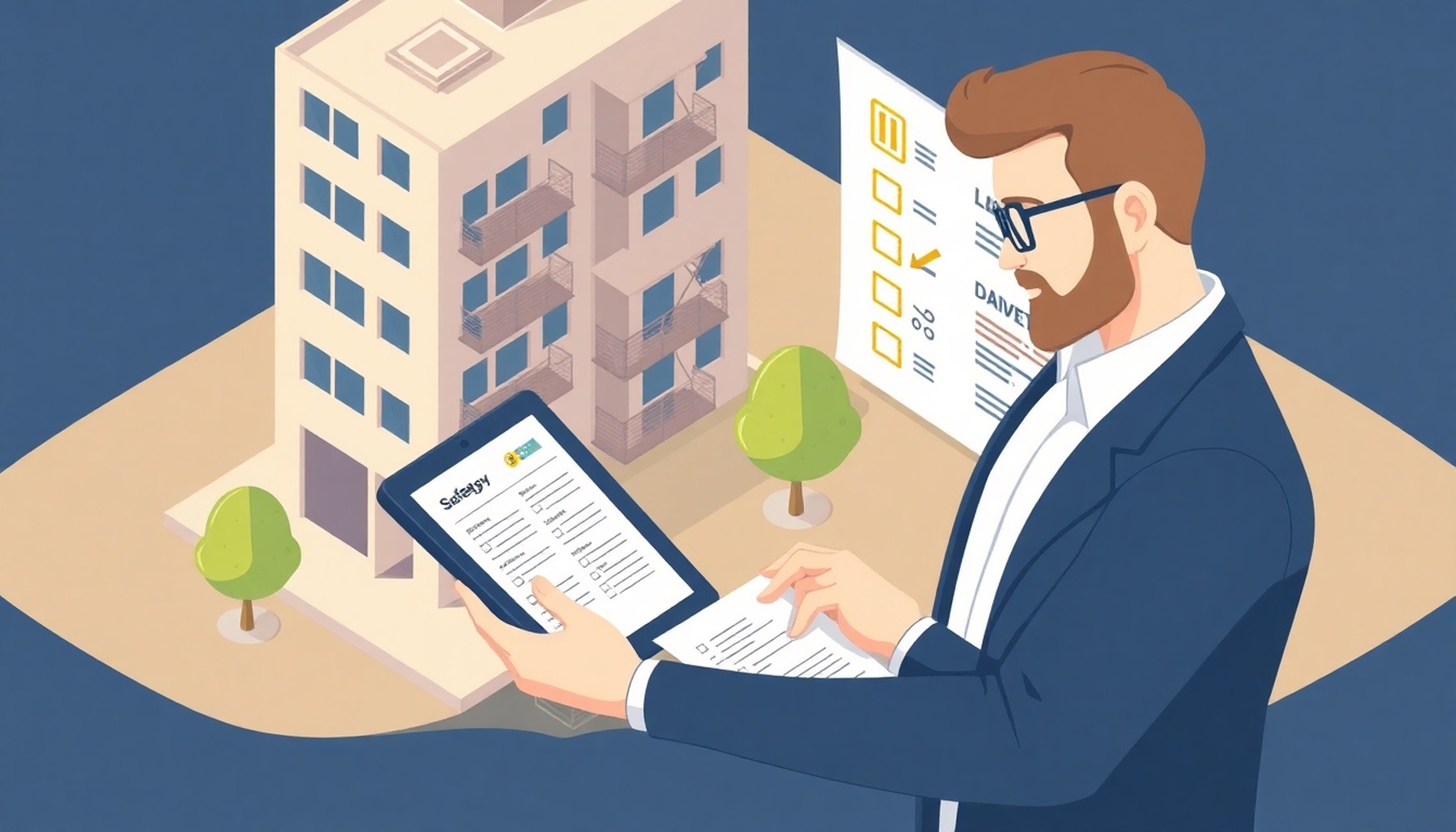 Apartman yöneticisi tablet üzerinde bakım programını incelerken arka planda bina ve güvenlik kontrol listesi
