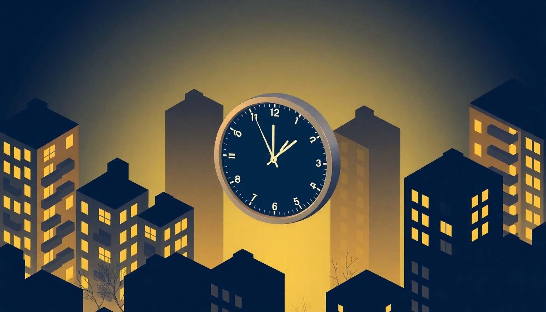 Gece 22:00'yi gösteren saat ve apartman silueti