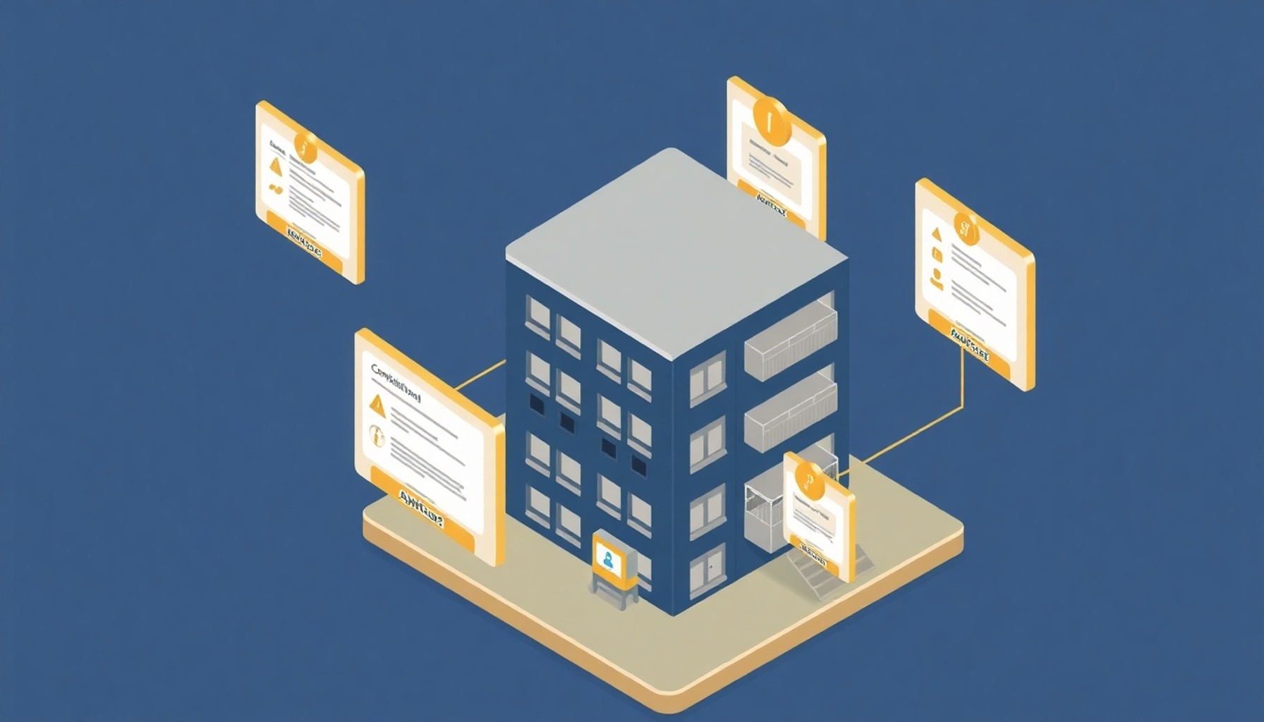 Dijital platform ekranları apartman binasına bağlı görünüyor; şikayet formları ve bildirimler sembolik olarak gösteriliyor