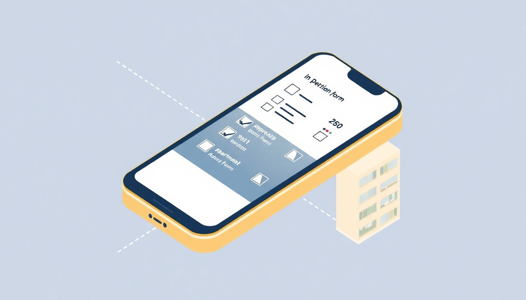 Dijital anket formu gösteren akıllı telefon, bağlantı çizgileriyle apartman kat planına bağlı