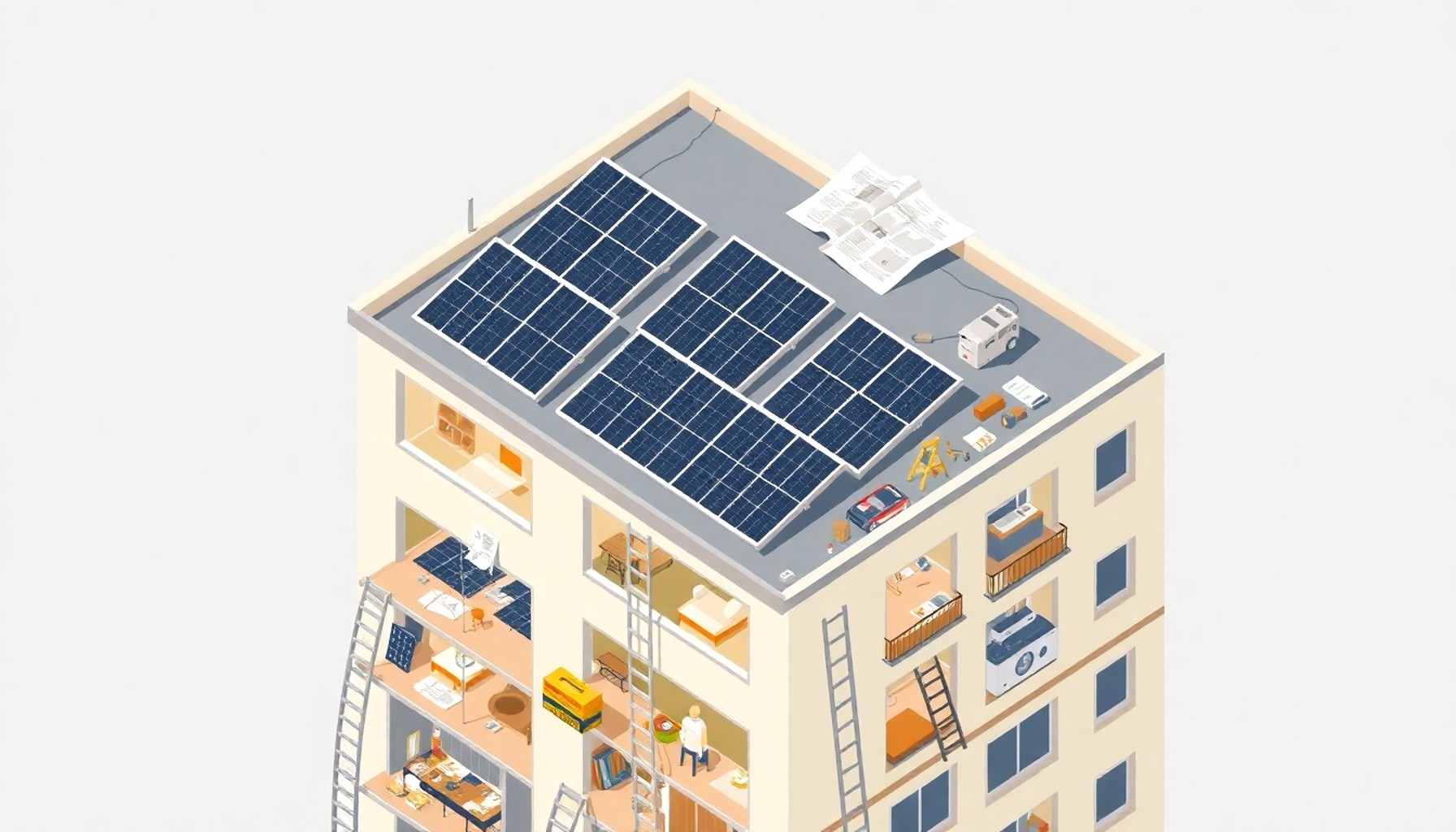Apartmanda eklenti ve dönüşüm kararını gösteren izometrik illüstrasyon