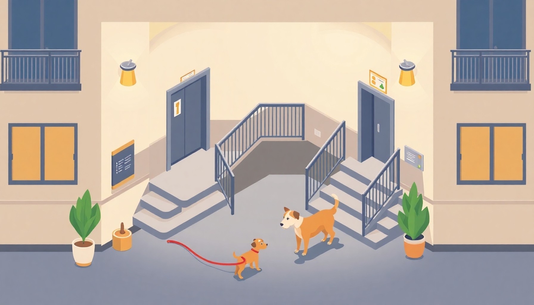 Apartman ortak alanlarında köpekle dolaşım konsept illüstrasyonu