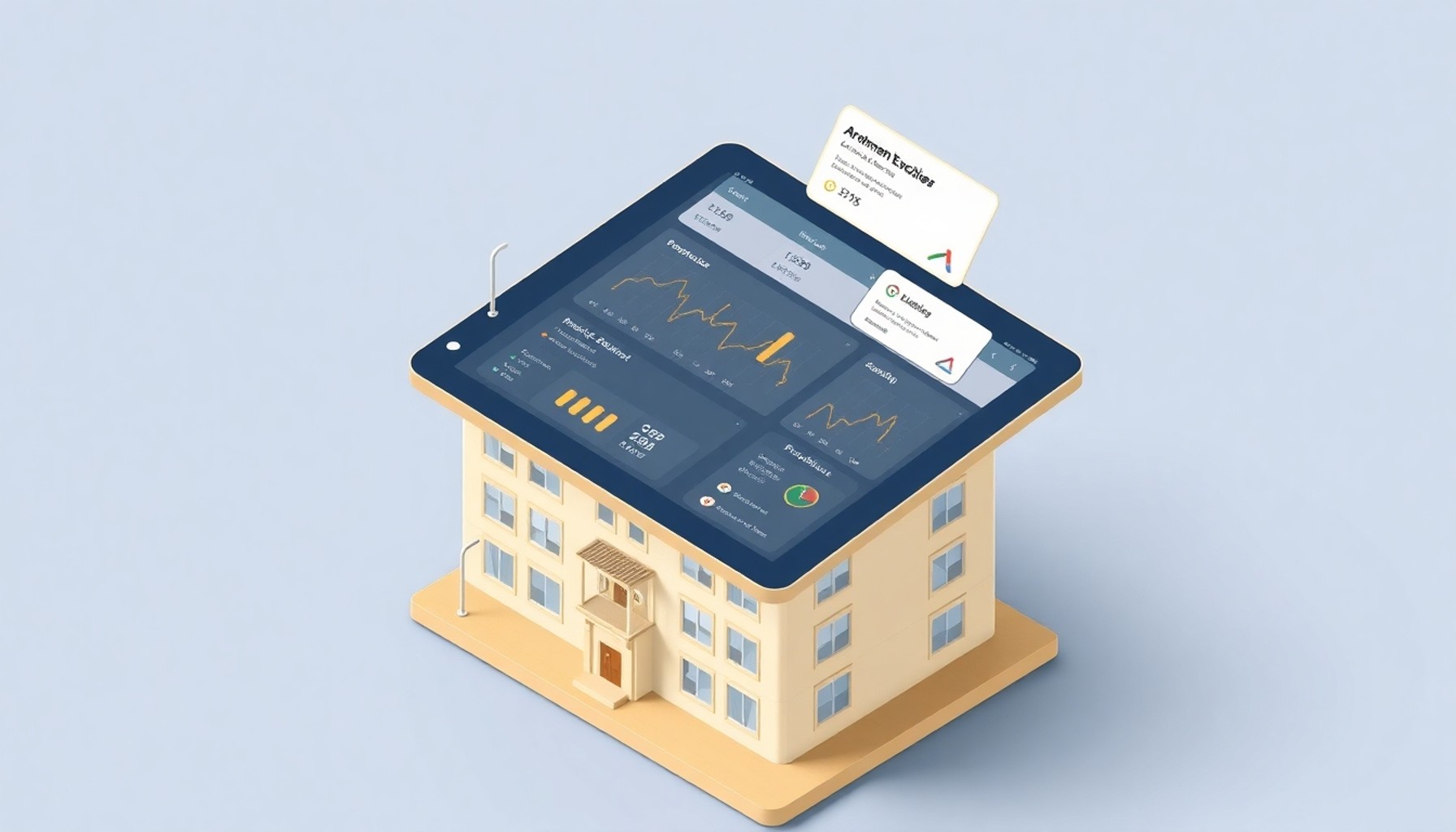 Apartman sakinlerine yönelik dijital yönetim platformunu gösteren tablet ekranı illüstrasyonu
