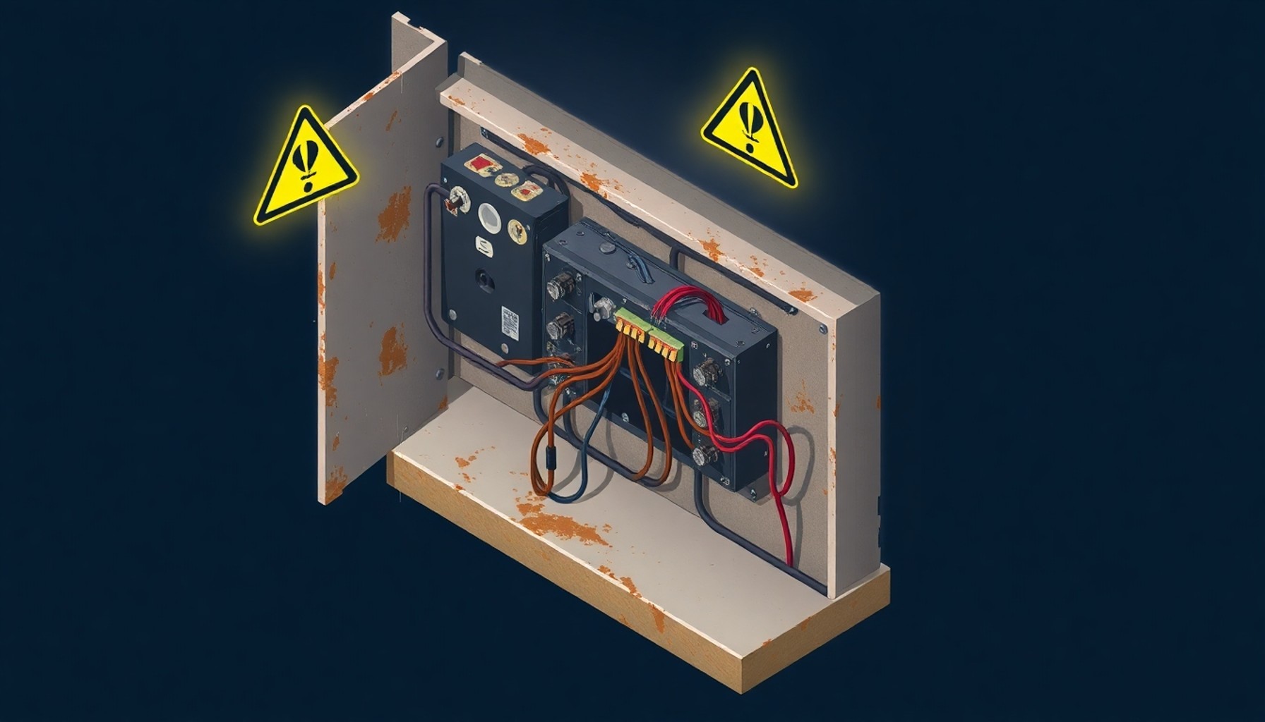 Eski ve paslanmış bozuk elektrik panosu tehlike görseli