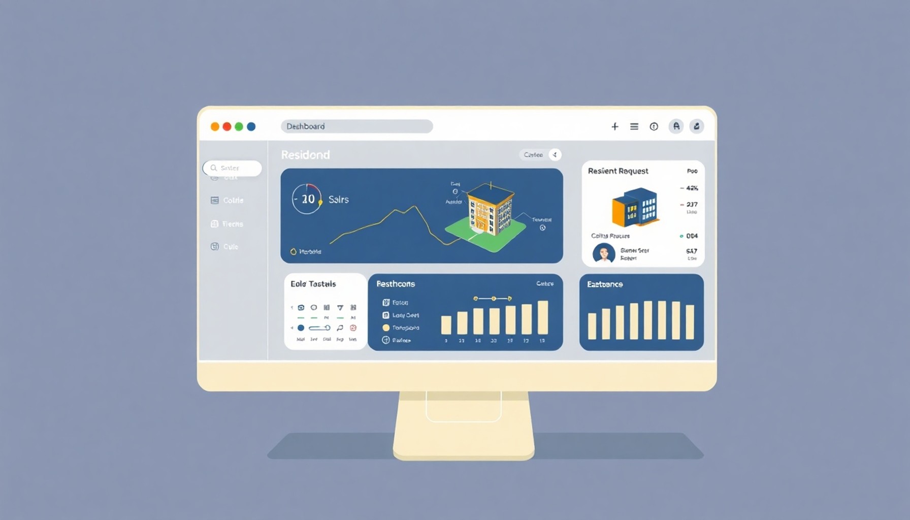 Dijital yönetim paneli ve sakin talep takip ekranı — Site Yönetimi platformunu anlatan illüstrasyon