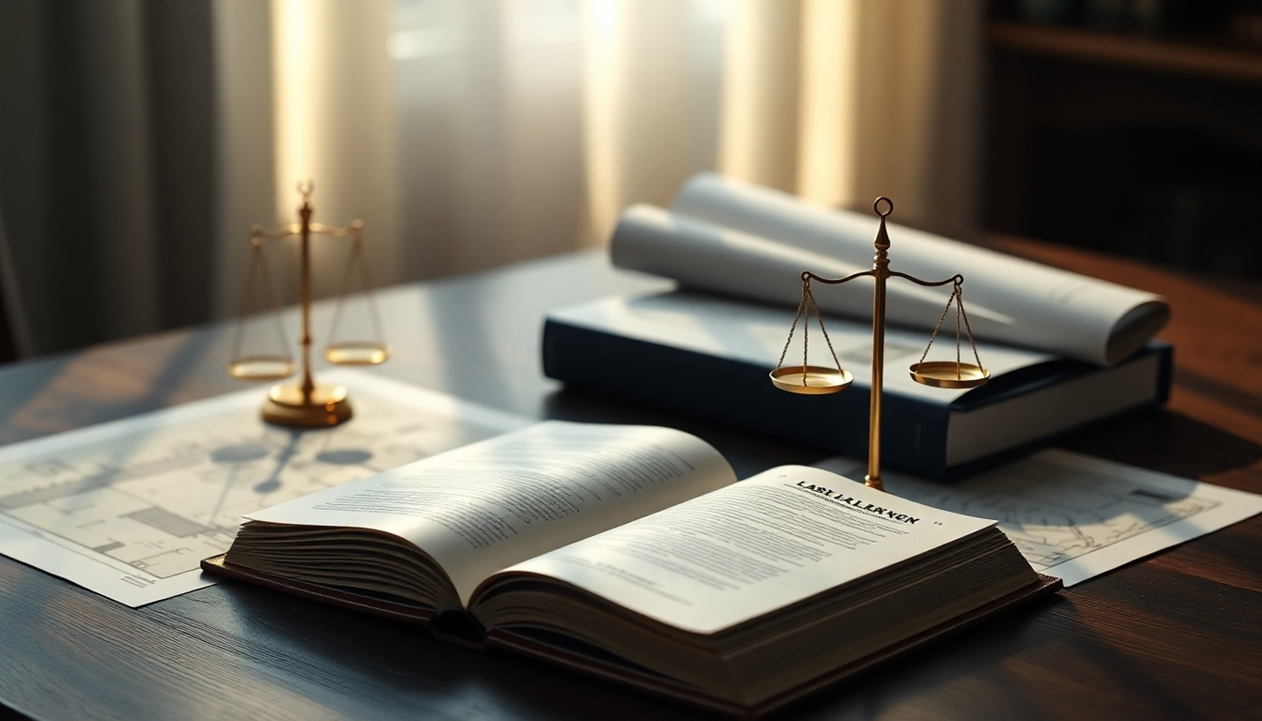 Hukuk kitabı, terazi ve mimari çizimler — ortak alan hukuku sembolü