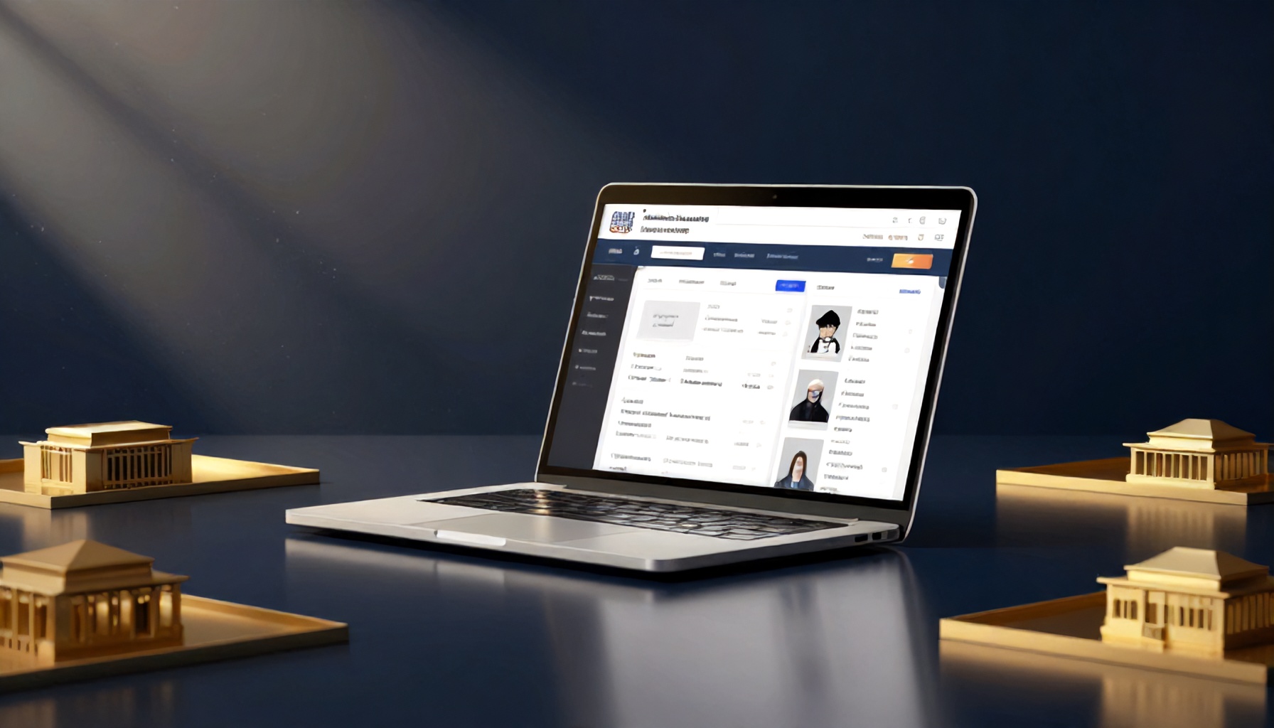 Laptop ekranında yönetim paneli ve mimari modeller — dijital AVM yönetimi