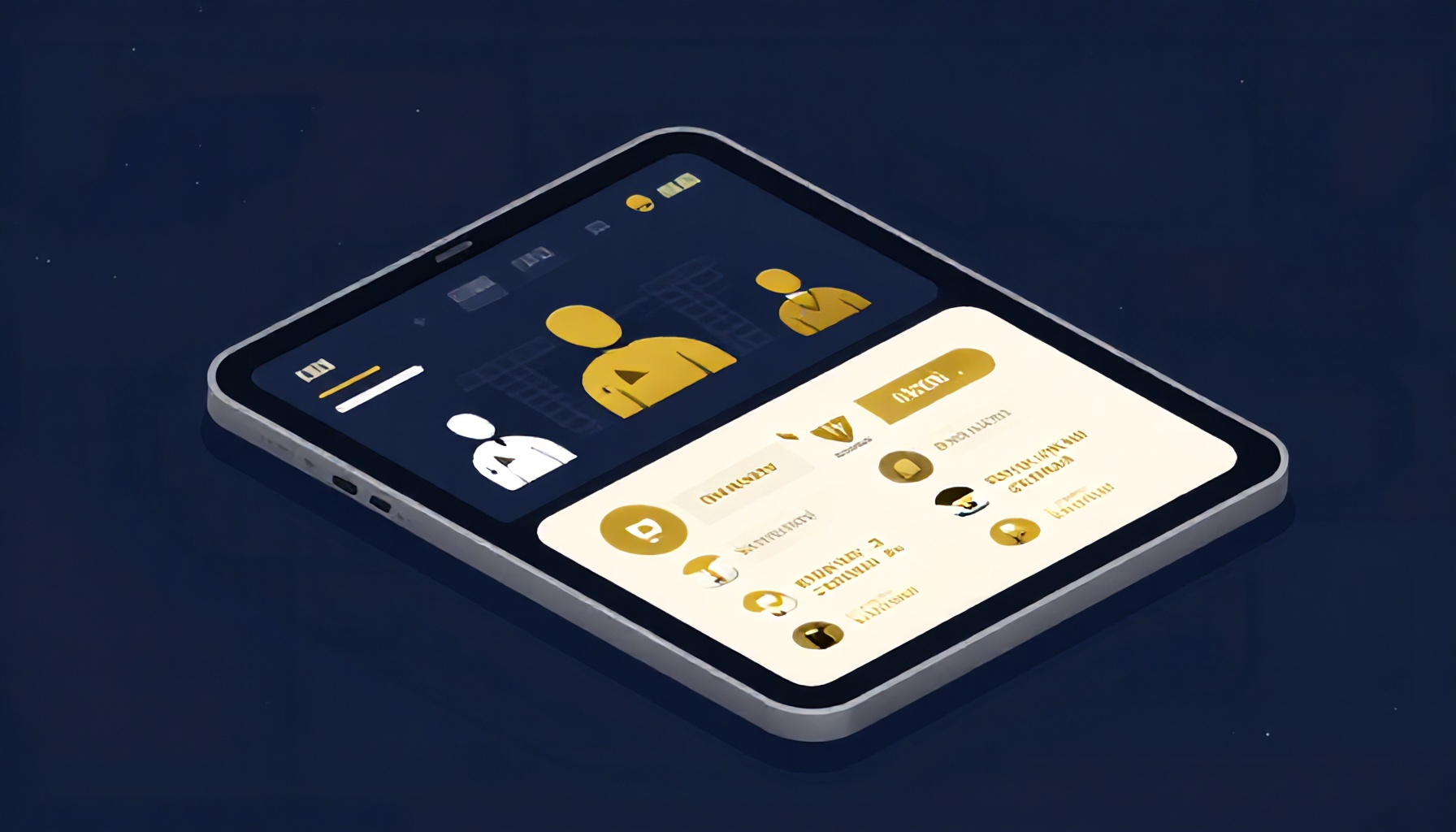 Tablet ekranında bina yönetim metrikleri ve kiracı iletişim modülü