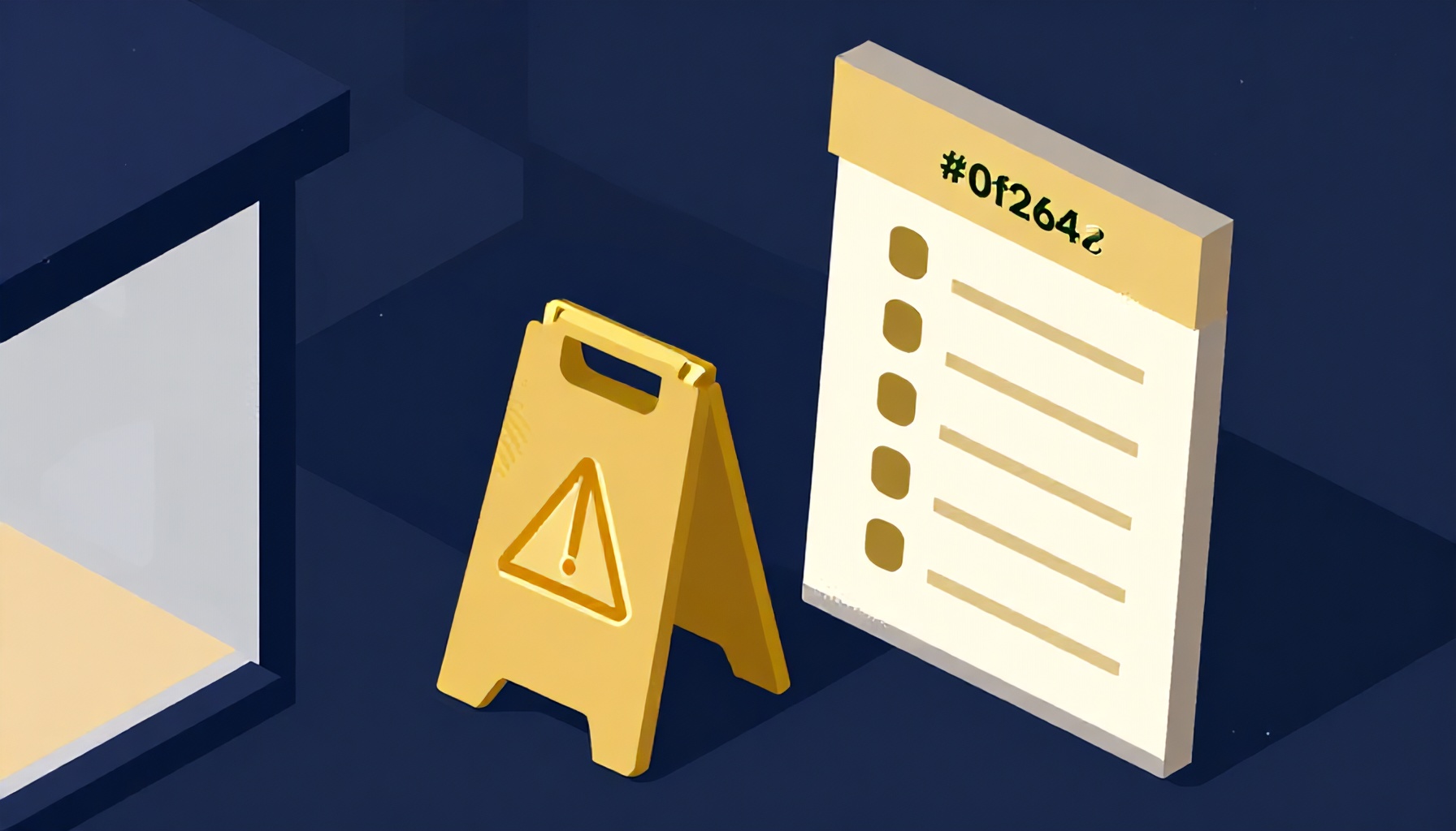 Mağaza girişinde uyarı işareti ve kontrol listesi izometrik illüstrasyonu