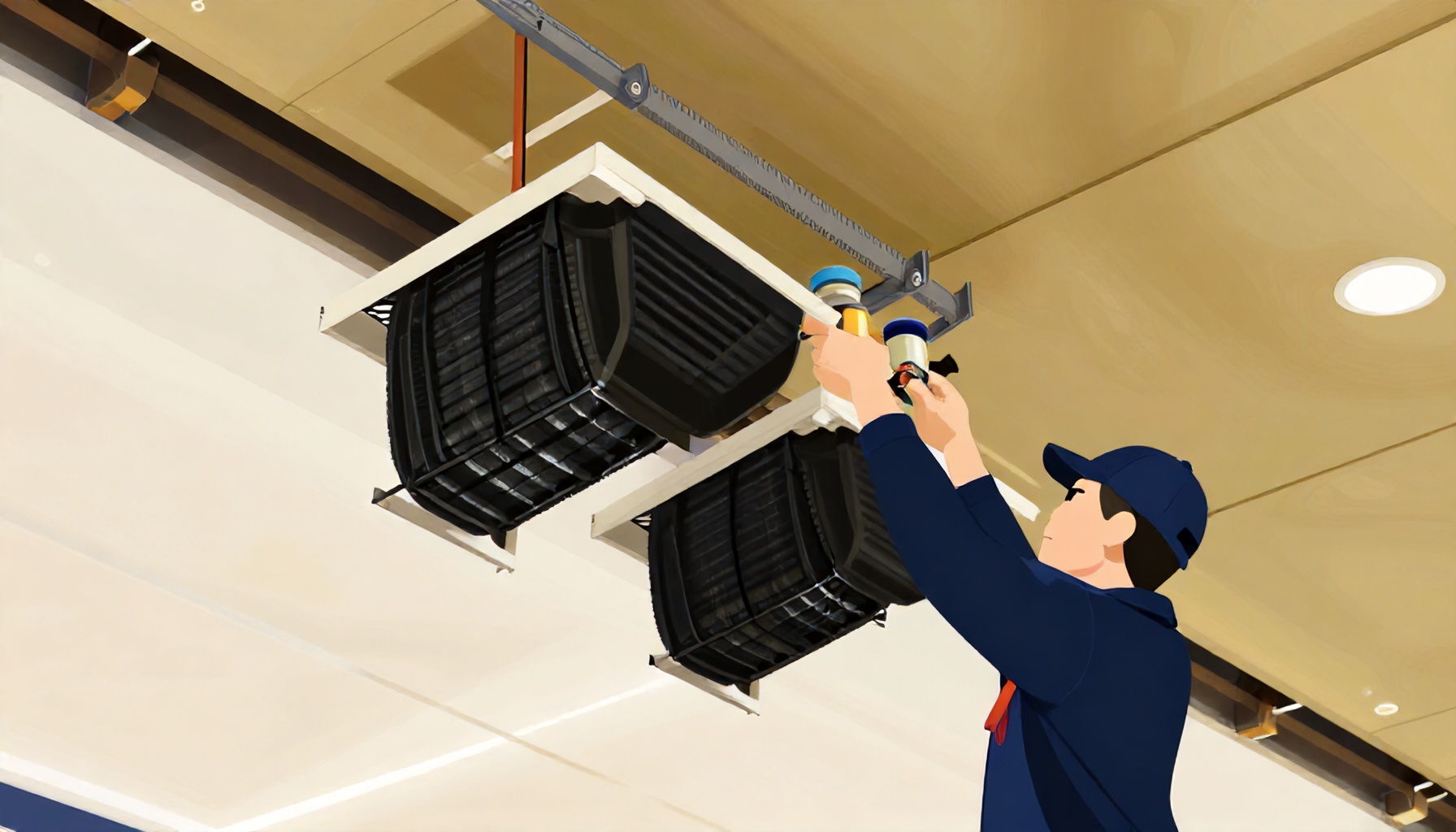 HVAC teknisyenlerinin AVM tavan boşluğunda aktif karbon filtre takıp hava basıncını dengelediğini gösteren teknik bakım illüstrasyonu
