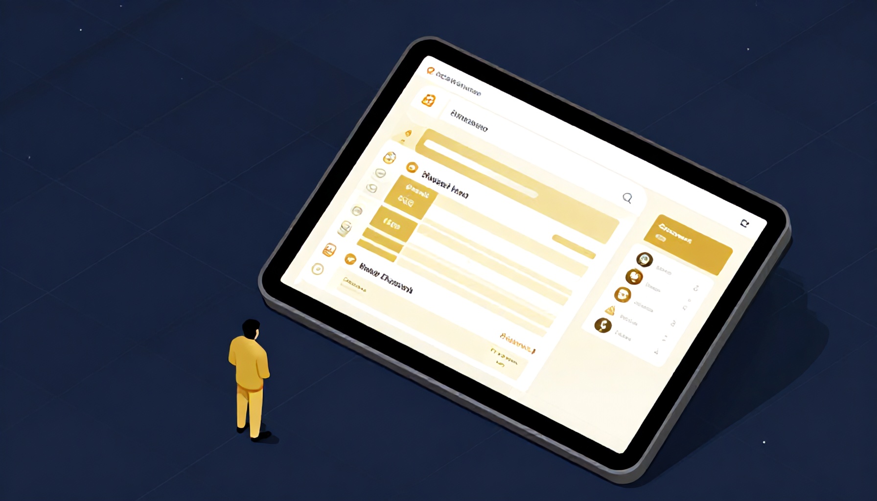 Modern bir ofis ortamında tablet ekranında bakım talebi takibi ve ortak alan raporlarını gösteren mülk yönetimi panosu illüstrasyonu
