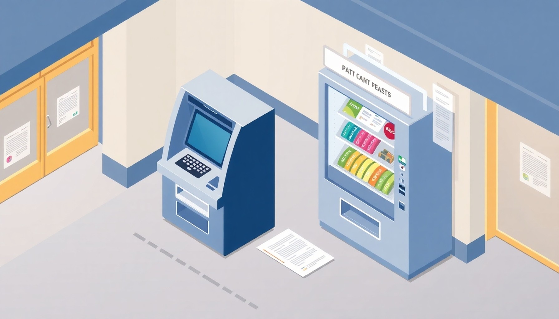 ATM ve otomat makinesinden oluşan gelir akışını gösteren izometrik illüstrasyon