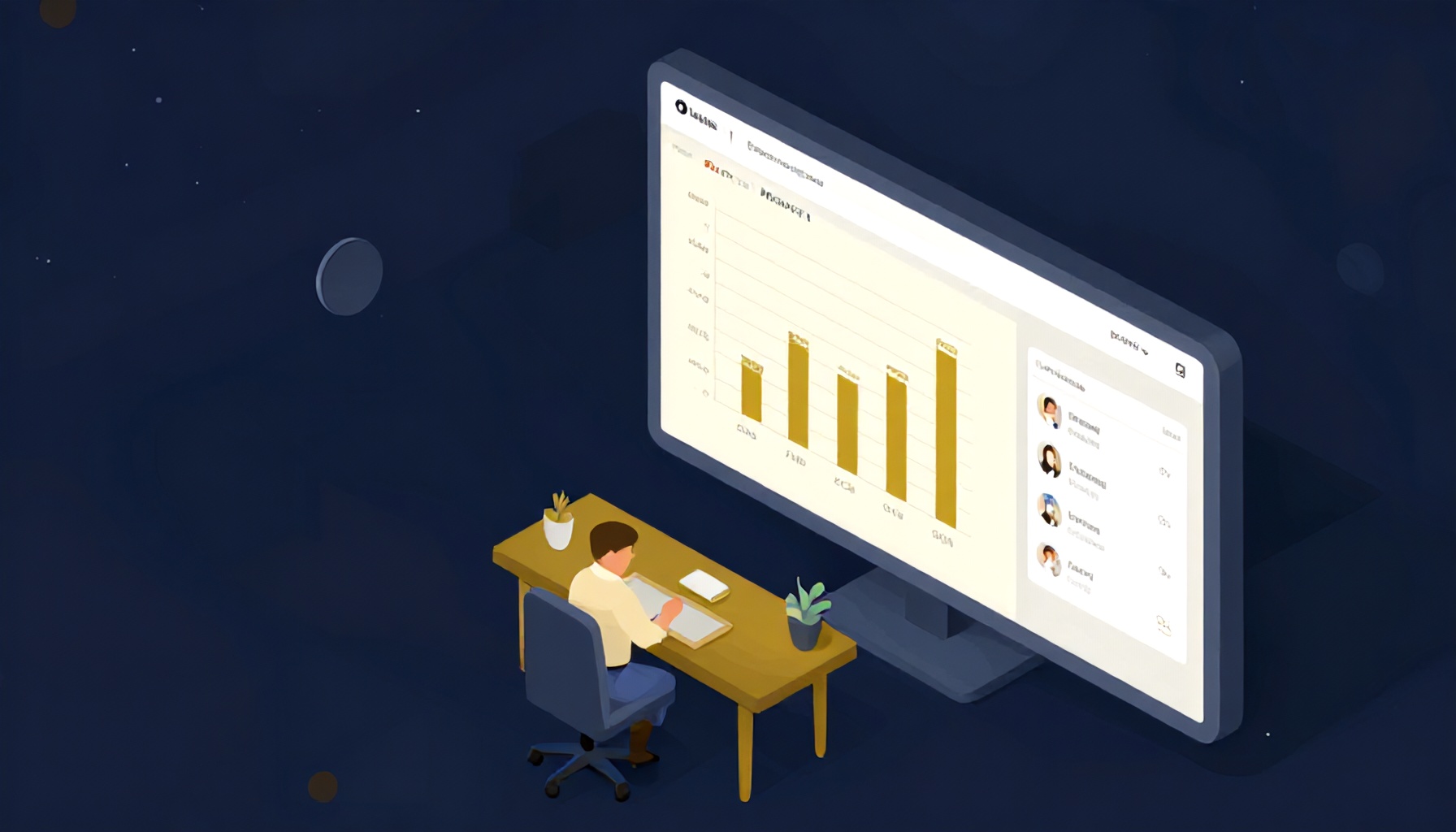 Modern ofis ortamında enerji gider dökümü grafikleri ve kiracı bildirimlerini gösteren dijital yönetim paneli illüstrasyonu