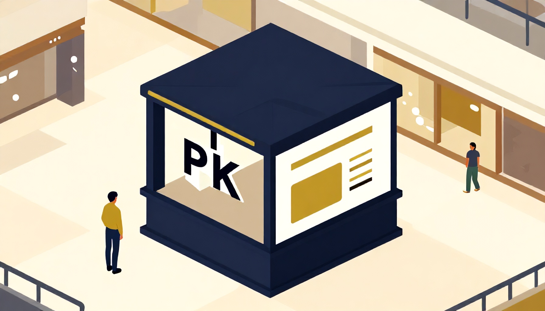 AVM koridorunda değerlendirme göstergeli geçici pop-up mağaza köşki