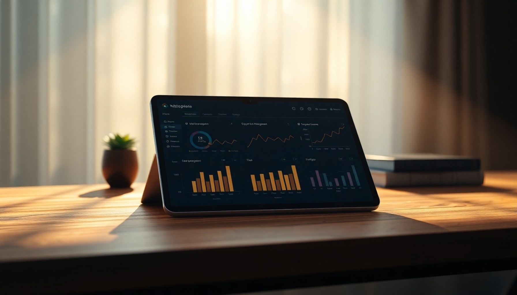 Tablet üzerinde modern mülk yönetim platformu arayüzü, grafik ve simgeler