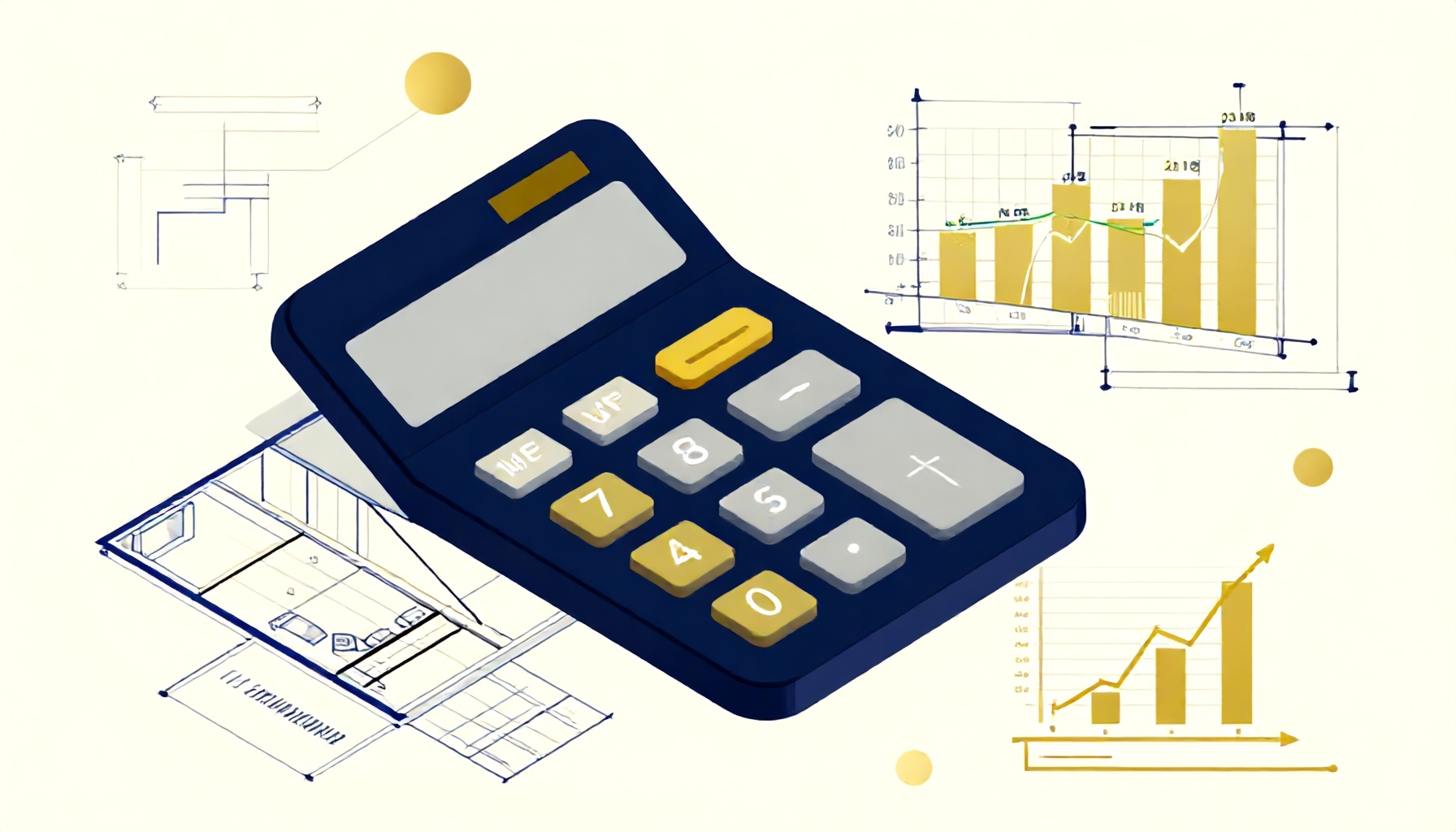 Hesap makinesi, kat planı çizimleri ve finansal grafiklerden oluşan kira hesaplama konseptini gösteren izometrik illüstrasyon