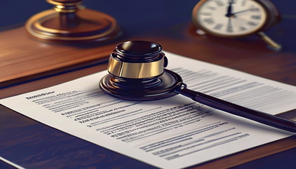 Mediation maddesini vurgulayan bir hukuk belgesi, çekiç ve saat