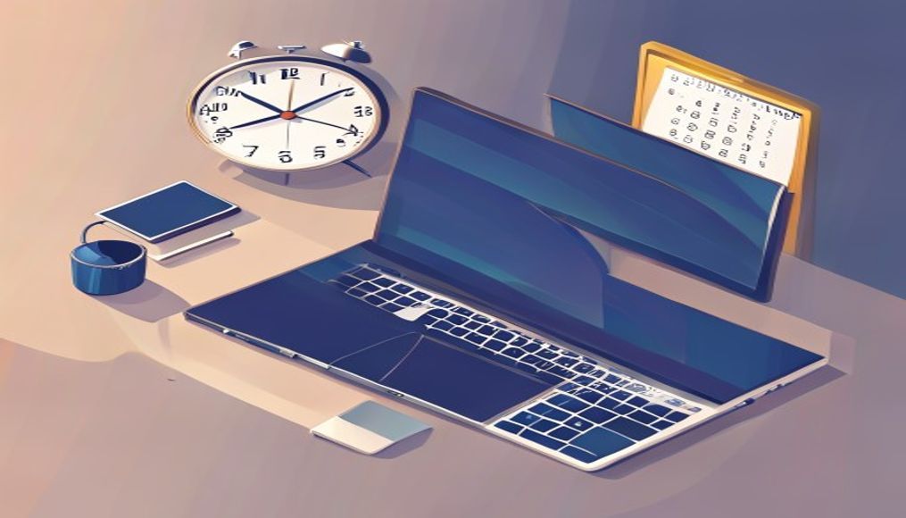 Bir laptop, bir tablet ve bir akıllı telefon masada, arka planda bir saat ve bir takvim