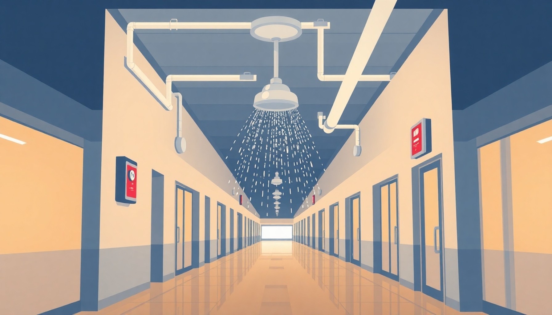 AVM koridorunda yangın alarmı ve sprinkler sistemi illüstrasyonu