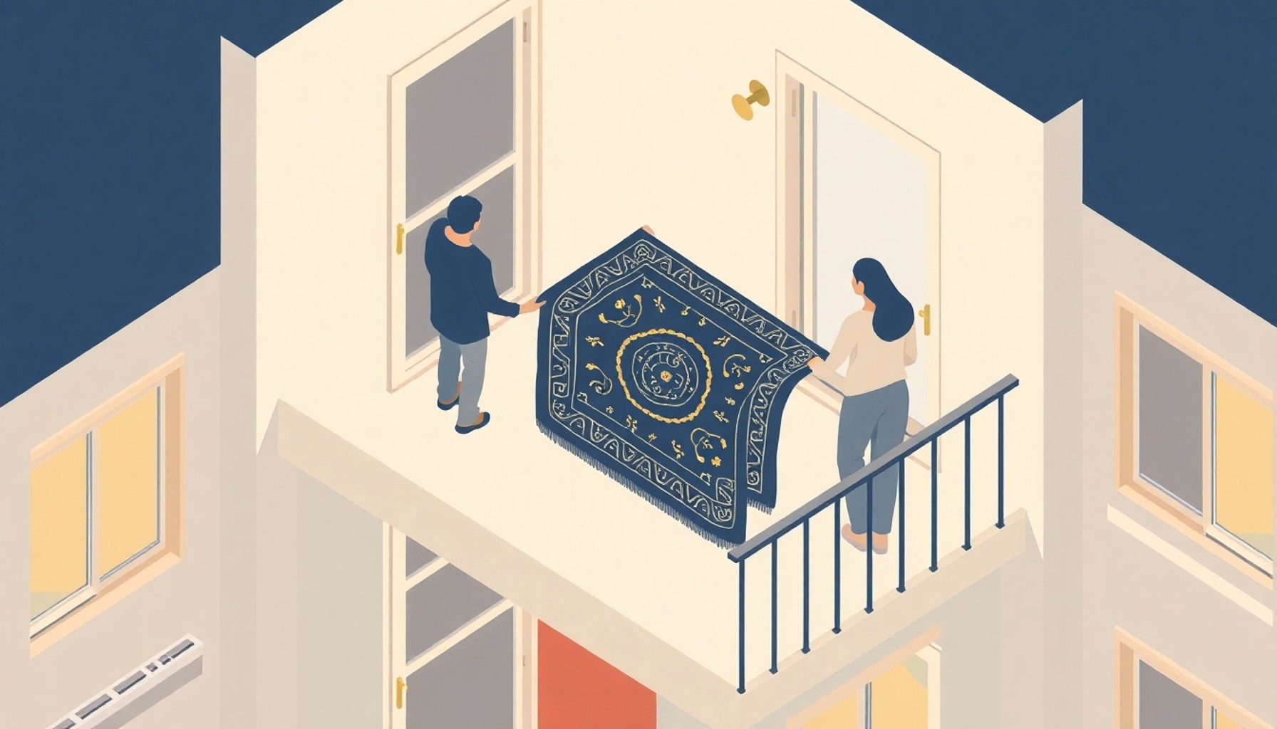 Apartman balkonunda halı asma nedeniyle komşular arasında anlaşmazlık illüstrasyonu