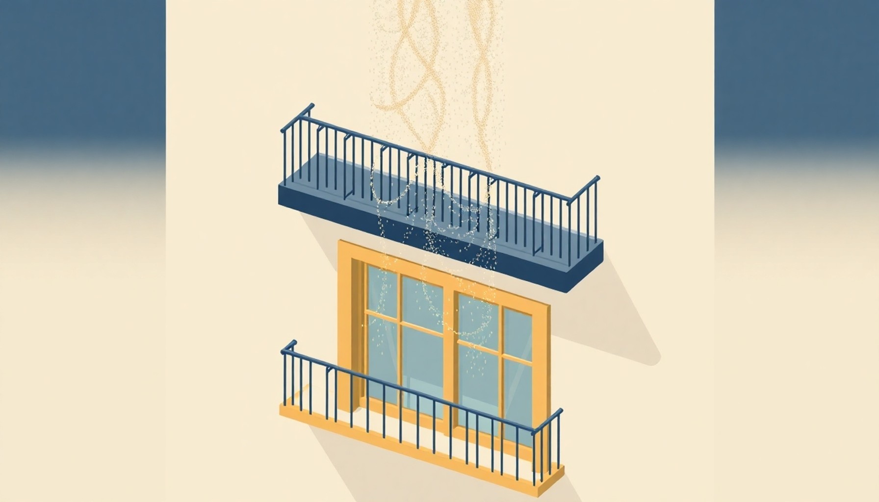 Balkon korkuluğundan dökülen toz ve alt kata etkisi illüstrasyonu