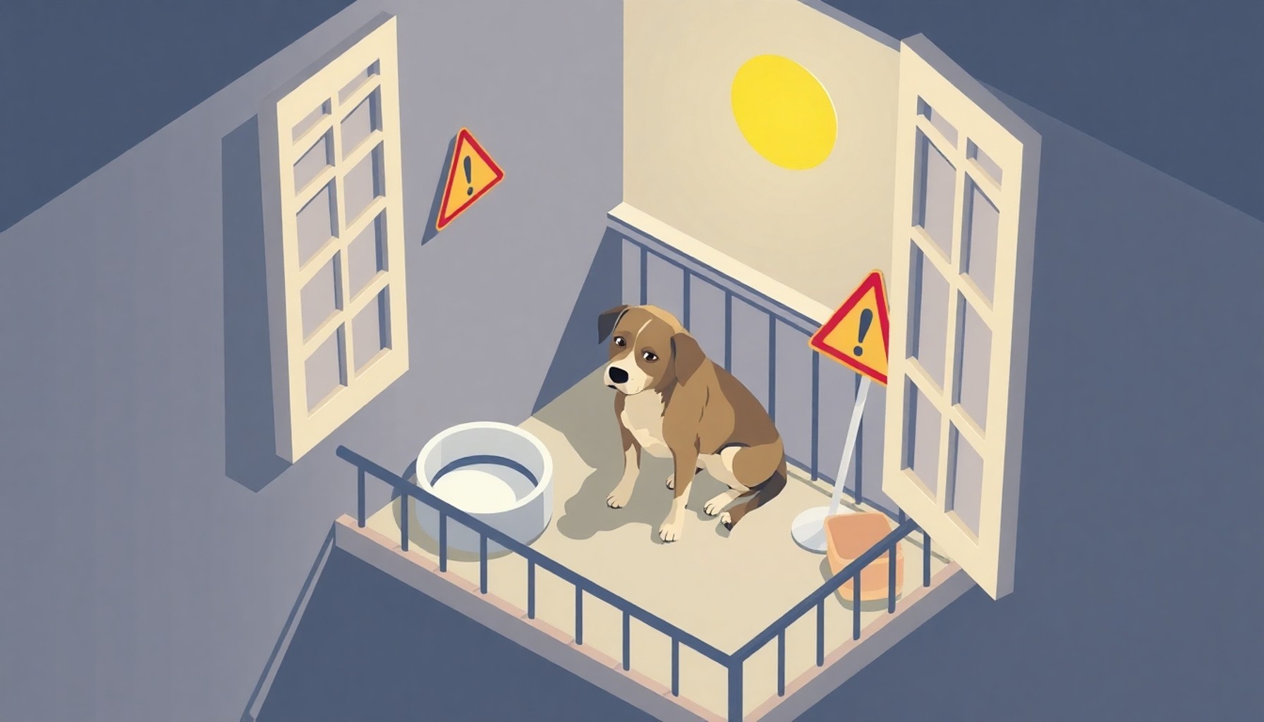 Boş su kabı ve güneş altında balkonda kalan köpek illüstrasyonu