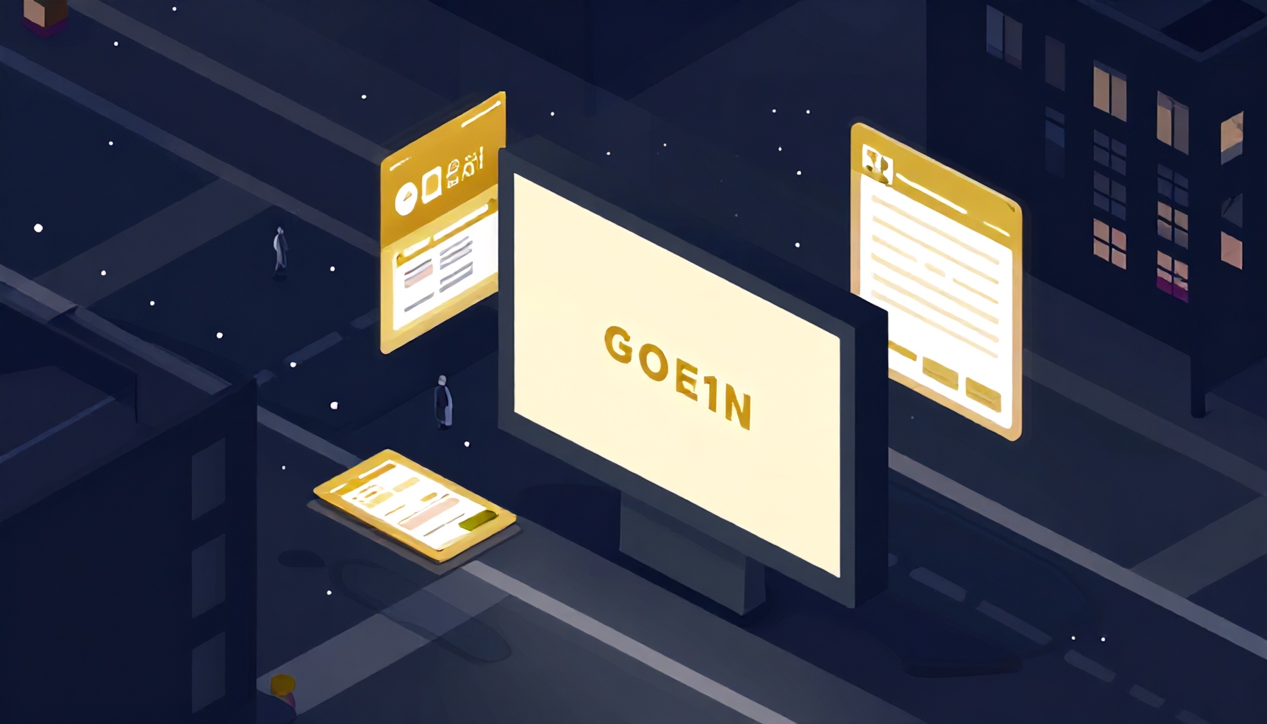 Kentsel sokakta dijital billboard ekranları ve sosyal medya panelleri illüstrasyonu