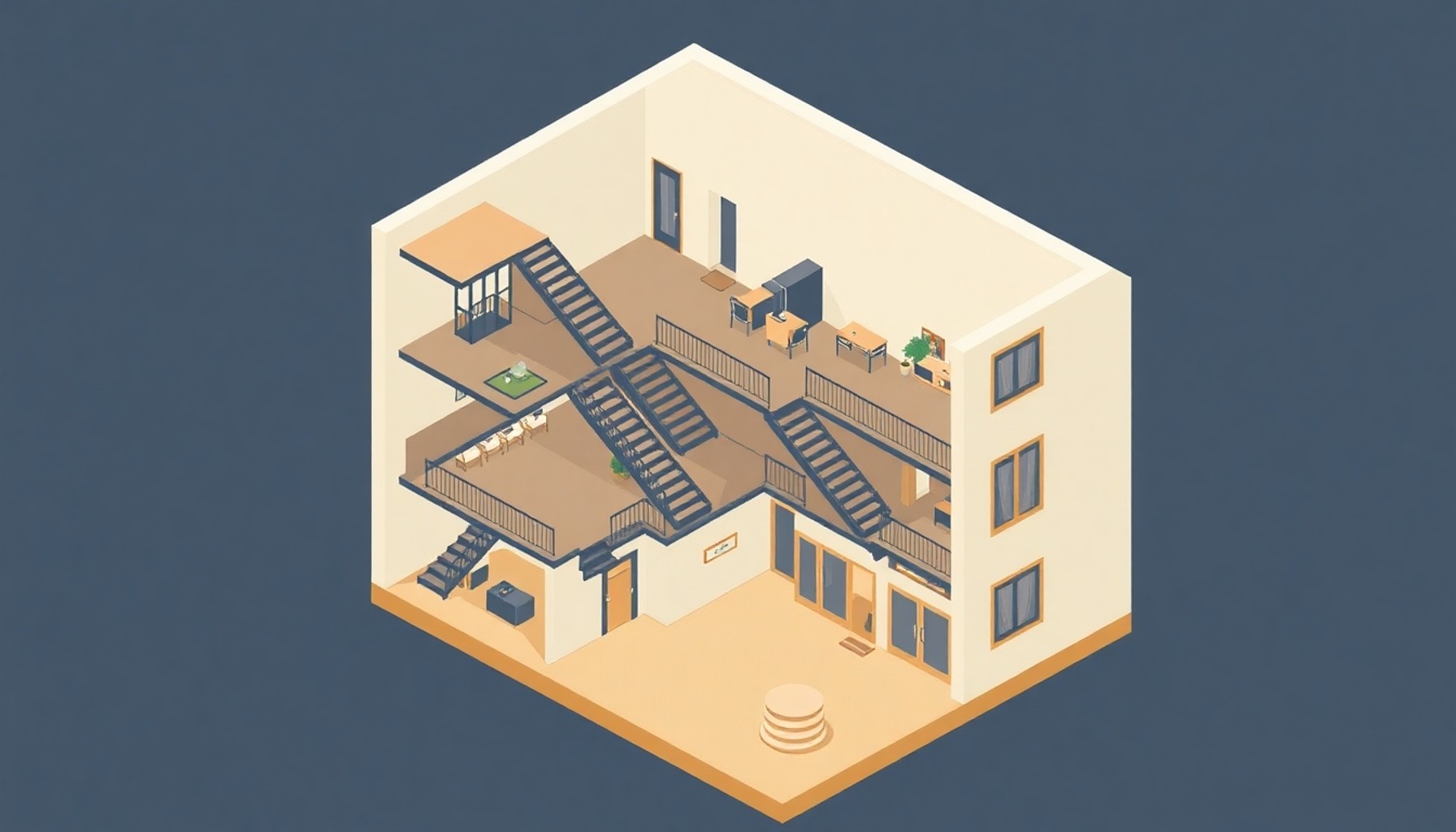 Tek bir apartman bloğunun iç yapısını gösteren kesit illüstrasyonu