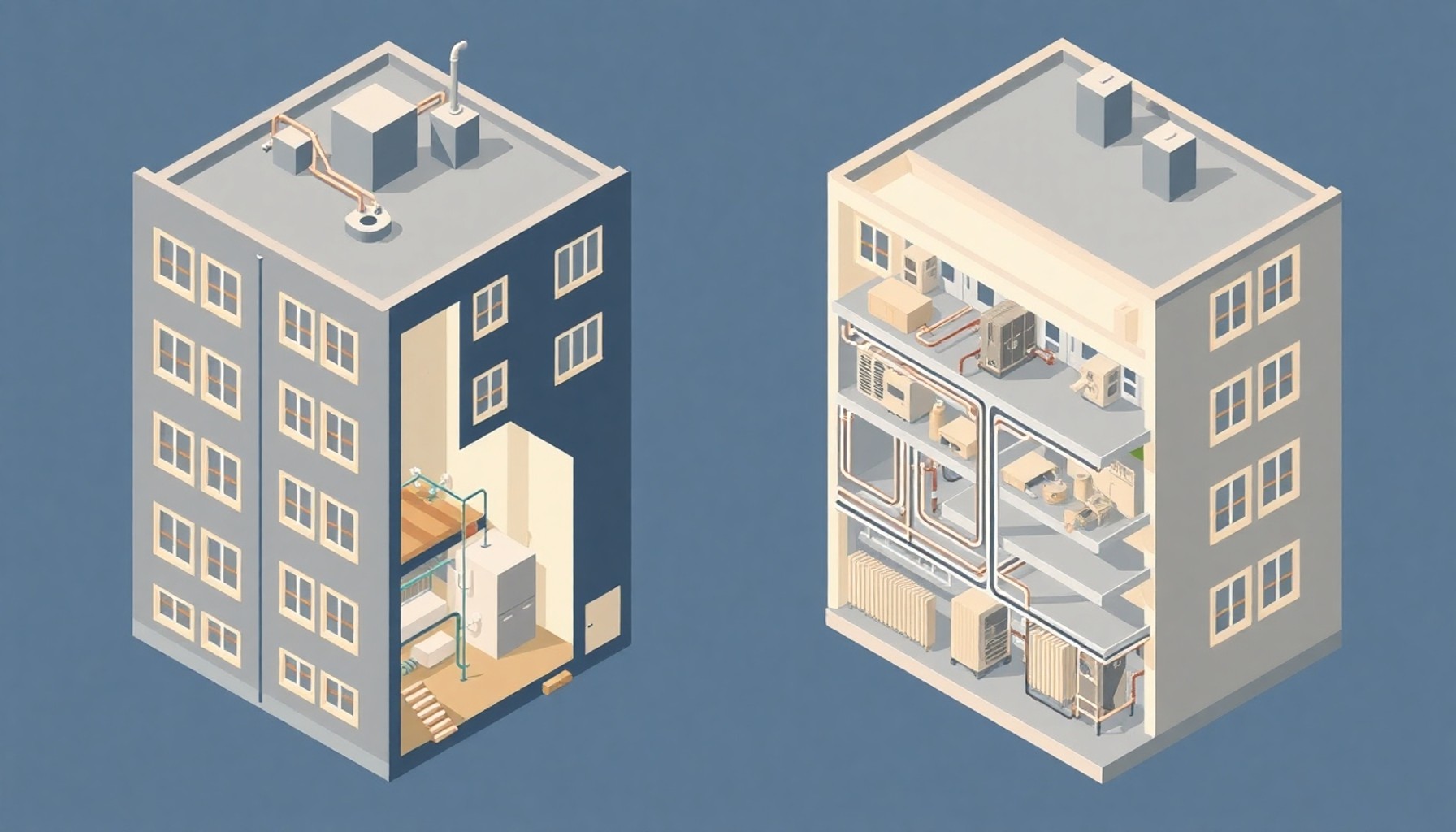 Merkezi ısıtma ile bireysel ısıtma sistemi karşılaştırması apartman kesiti